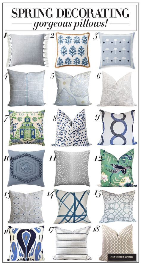 SPRING DECORATING WITH GORGEOUS PILLOWS - CITRINELIVING Spring Cushions Living Rooms, Spring Pillows Ideas, Decorative Pillows Living Room, Summer Living Room Decor, Home Interior Kitchen, Diy Spring Decor, Pillow Combinations, Designer Pillow Covers, Pillow Sets