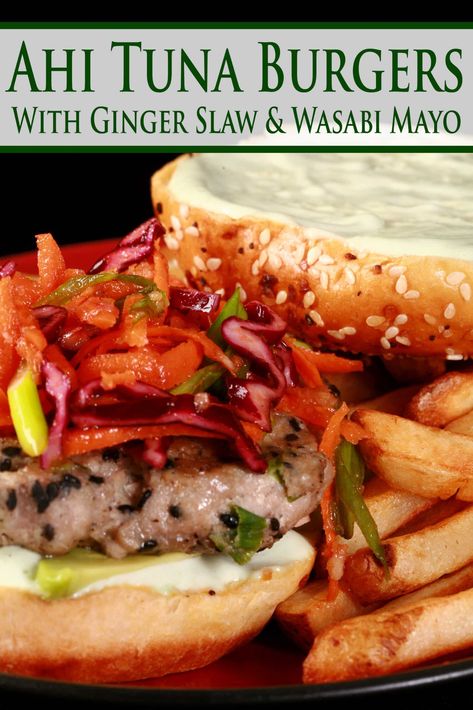 Ahi Tuna Burgers with Ginger Slaw & Wasabi Mayo. Ahi Tuna Burger Recipes, Ahi Tuna Sandwich Recipe, Tuna Burger Recipes, Ahi Tuna Sandwich, Ahi Tuna Burger, Tuna Patty, Tuna Burger Recipe, Ginger Slaw, Vegan Tapas