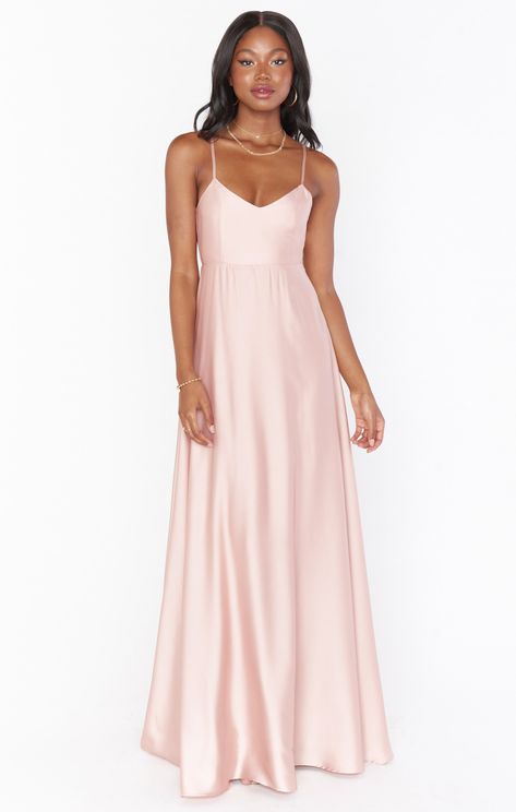 The Faith Maxi Dress has raised the bar for elegant bridemaids. This stunning maxi has a fitted bodice that hits at the top of your waist allowing the dramatic sweep of her full skirt to flatter as you walk. Trust us when we say, you gotta have Faith! Blush Colored Bridesmaid Dresses, Maternity Dress Wedding Guest, Metallic Bridesmaid Dresses, Dress Rose Gold, Rose Gold Bridesmaid Dress, Light Pink Bridesmaid Dresses, How Many Bridesmaids, Blush Pink Bridesmaids, Pastel Bridesmaid Dresses