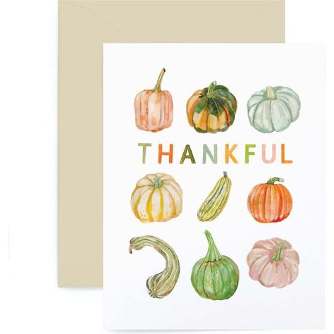 This beautiful, greeting card features hand-illustrated pumpkins and gourds. It has hand-lettered wording that says THANKFUL in a lovely autumn color palette. It is perfect for notes of love and thanks, birthdays, and special Fall celebrations. 4.25"x5.5" folded card. Printed on thick cotton paper. Comes with a stone-colored envelope. Printed and packaged in Denver, Colorado. | Lana's Shop | Thankful Pumpkins Card, Neutrals (Tan) | Maisonette collects the best children’s products from around the world (unlike Zulily, Etsy, The Tot, Farfetch Kids, Childrensalon, Crate and Kids, Kohls, Wayfair, Buy Buy Baby, Nordstroms, Mini Boden, J.Crew Factory, or PotteryBarn Kids), creating a curated shopping experience for you. Think of us as your shortcut to fashion for litte ones! Watercolor Thanksgiving Cards Ideas, Watercolor Thanksgiving Cards, Notepad Art, Thankful Pumpkin, Pumpkins And Gourds, Autumn Color Palette, Watercolor Art Landscape, Festival Ideas, Pumpkin Cards