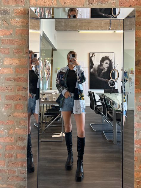 Denim Jacket Knee High Boots, Denim Skirt Knee High Boots Outfit, Knee High Boots Shorts Outfit, Long Boots And Shorts Outfit, Long Black Boots Outfit Summer, Knee High Boots Summer Outfit, Shorts And Knee High Boots Outfits, Knee High Boots And Shorts, Knee High Boots With Shorts