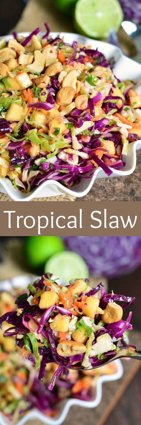 Tropical Slaw Recipe, Tropical Sandwiches, Bbq Veggie Side Dishes, Healthy Side Salads For Bbq, Asian Bbq Sides, Spring Bbq Food, Tropical Pasta Salad, Bbq Side Salads Summer, Low Calorie Bbq Side Dishes