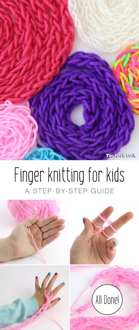 Finger knitting for kids – a step by step guide with easy-to-follow instructions and pictures Finger Knitting For Kids, Finger Knitting Projects, Yarn Crafts For Kids, Finger Weaving, Train Projects, Finger Crochet, Skill Development, Finger Knitting, Yarn Knitting