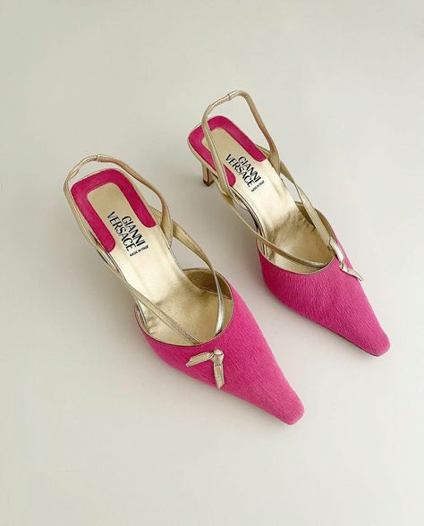 #vintage #pink Gucci Pink Formal Heels, Versace Barbie Shoes, Vintage Versace Heels, Pink Versace Platform Heels, Vintage Pink Leather Heels, Slingback Kitten Heels, Versace Vintage, Versace Pink, Vintage Heels