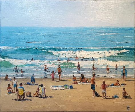 Oil on Canvas | 10 x 12 inches - 25 x 30 cm Realistic Beach Painting, Sea Art Painting, Beach Town Painting, People On The Beach, Beach Scene Painting With People, Famous Beach Paintings, Busy Beach Painting, Painting On Canvas For Beginners, Bird Paintings On Canvas