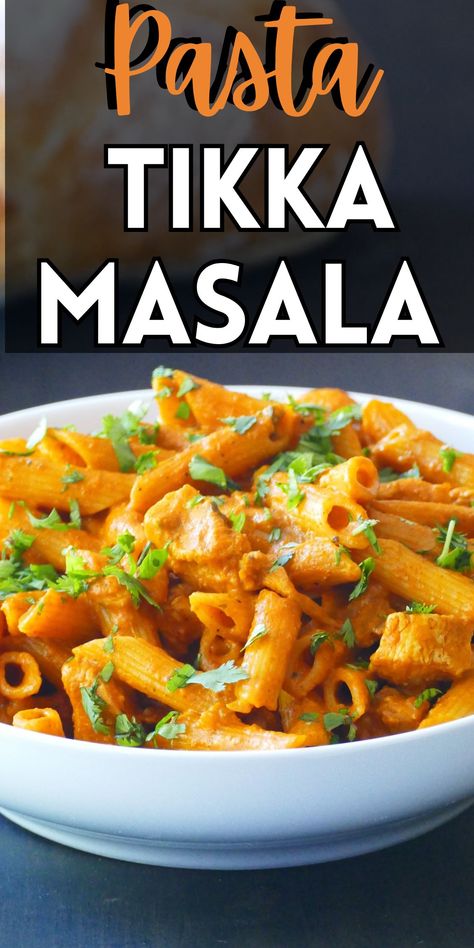 Bowl of colorful curry pasta with cilantro and text "pasta tikka masala". Chicken Tikka Masala Pasta, Tandoori Pasta Recipe, Chicken Tikka Pasta, Tikka Masala Pasta, Masala Pasta Recipe, Curry Pasta Recipe, Indian Pasta Recipes, Curry Chicken Pasta, Easy Indian Dinner Recipes