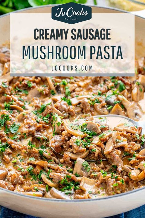 Sausage And Mushroom Pasta Bake, Sausage Mushroom Pasta, Italian Sausage Spaghetti, Bacon Mushroom Pasta, Sausage And Mushrooms, Mushroom Pasta Bake, Sausage Mushroom, Mushroom Recipes Pasta, Sausage Spaghetti