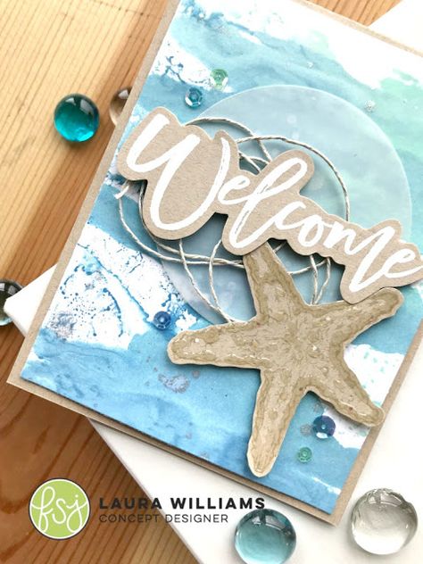 Stencil Background, Fun Watercolor, Beach Cards, Water Background, Welcome Card, Fun Crafts To Do, Handmade Paper Crafts, Gel Press, Scrapbooking Cards