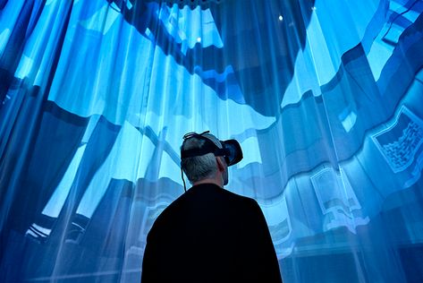 danish studio POINT creates a multimedia experience in debut exhibition in copenhagen Textile Installation, Vr Room, Architecture Center, Architecture Gallery, Danish Architecture, Sketching Tools, Vr Experience, Exhibition Booth, Traditional Architecture