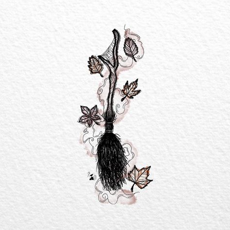 Cat On A Broom Tattoo, Fall Tattoo Design, Dainty Witch Tattoo, Witchy Herbal Tattoos, Witch Broom Drawing, Broom Tattoo, Halloween Tattoo Designs, October Tattoo Ideas, Basic Tattoos