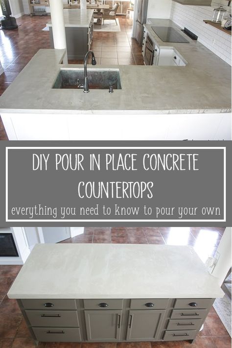 DIY Concrete Countertops - Pour in Place Farmhouse Cement Countertops, Concrete And Glass Countertops, White Cement Kitchen Countertops, White Marbled Concrete Countertops, White Cement Countertops Kitchen, Creative Countertop Ideas, Light Gray Countertops Kitchen, Light Concrete Countertops, Cement Countertops Kitchen