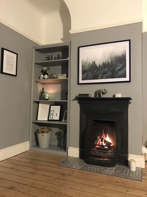 Living room alcove shelves  Dulux warm pewter  Edwardian terrace Single Alcove Ideas Living Room, Painted Alcove Shelves, Terrace Living Room Ideas, Dulux Warm Pewter, Cosy Living Room Ideas Warm Colours, Edwardian Renovation, Living Room Alcove, Edwardian Living Room, Alcove Bookshelves