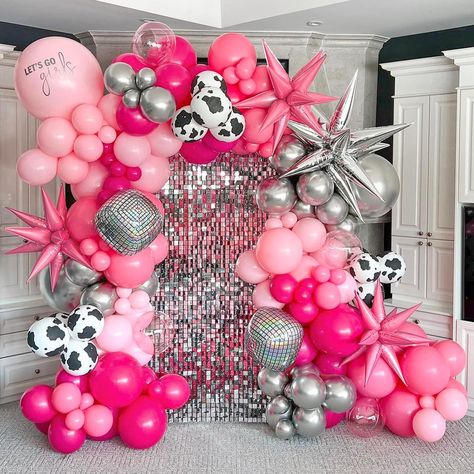 PRICES MAY VARY. What You Get: The included 40pcs hot pink balloons 12inchx5, 10inchx15, 5inchx20, 35pcs light pink balloons 12inchx5, 10inchx10, 5inchx20, 10pcs blush dusty balloons 10inchx5, 5inchx5, 21pcs silver balloons 18inchx1, 10inchx10, 5inchx10, 18inch light pink balloonsx1, 12inch transparent balloonsx4, 12inch cow print balloonsx8, 22inch pink starburst balloonsx3, 22inch silver starburst balloonsx1, 22inch disco foil balloonsx2, glue dotsx1, decorative stripx1, fishing linex1 Good Qu Disco Cowgirl Bday Party, Pink Cowgirl Party Theme, Pink Cowgirl Sweet 16, Disco Cowboy Birthday Party, Let’s Go Girls Birthday Theme, Pink Disco Decor, Blue Cowgirl Party, Disco Cowgirl Decorations, Pink Cowgirl Birthday Party Decorations