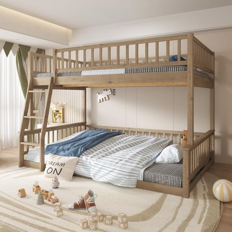 PRICES MAY VARY. ♥ 【Raised Guardrail & Safety Ladder】 The upper bed and down bed comes with approx 15.1 " high safety guardrails, which can prevent your child from accidentally falling down. And the full XL over queen bunk beds comes with sturdy wider 3-step ladder, you can have a delightful barefoot experience every time you climb up or down the bed. ♥ 【Detachable Wood Bunk Bed】This bunk beds full xl over queen size features timeless styling that will last for years and is also easily converted Full Over Queen Bunk Bed, Lake Bedroom, Queen Bunk Bed, Lake Condo, Queen Size Bunk Beds, Bunk Bed Sets, Bunk Beds Boys, Queen Bunk Beds, Bed With Ladder