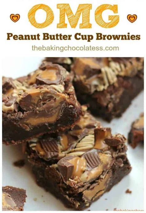 OMG Peanut Butter Cup Brownies pack a powerful chocolate and peanut butter fix that will satisfy beyond happy! Brownie Recipes With Reese Cups, Reese’s Pb Cup Brownies, Reeces Brownie Recipes, Reese’s Brownies, Specialty Brownies, Peanut Butter Cup Brownies, Cookie Dough Cake, Brownie Bars, Brownie Cups