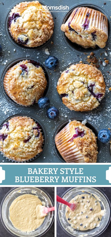 These blueberry muffins are bursting with juicy fresh blueberries and a sweet crumb topping. They're extra fluffy and moist — thanks to a secret ingredient in the batter! Blueberry Muffin Recipes Best, Blueberry Muffins With Sugar Topping, Blue Blueberry Muffins, Scratch Blueberry Muffins, Blueberry Muffins Bisquick Recipe, Best Ever Blueberry Muffins, Blueberry Breakfast Muffins Healthy, No Butter Blueberry Muffins, Blueberry Cake Mix Muffins