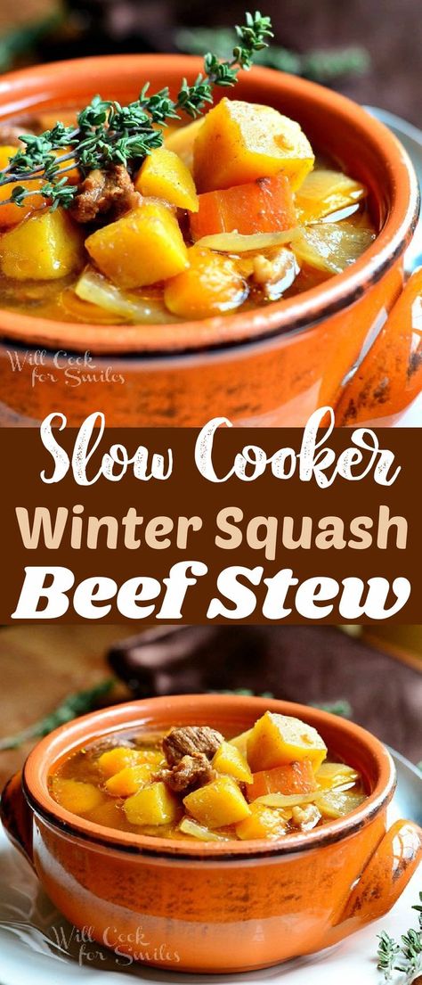 Beef Squash Stew, Beef Acorn Squash Recipes, Winter Squash Recipes Crockpot, Beef Stew With Butternut Squash, Acorn Squash Stew, Acorn Squash Recipe Crockpot, Acorn Squash Crockpot Recipes, Acorn Squash Soup Recipes, Slow Cooker Acorn Squash