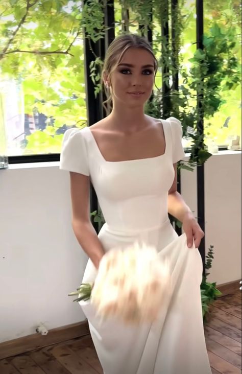 Simple Wedding Dress With Puff Sleeves, Short Sleeve Minimalist Wedding Dress, Classic Wedding Dress Short Sleeve, Square Neck Short Wedding Dress, Short Sleeve Satin Wedding Dress, Square Neck Wedding Dress With Sleeves Lace, Classic Modest Wedding Dress, Simple Satin Wedding Dress With Sleeves, Soft Gamine Wedding Dress