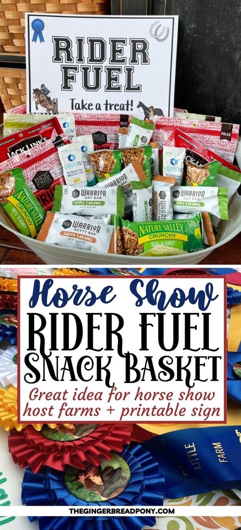 We have a really great idea for the next horse show that your farm hosts! Make up a "rider fuel" snack basket for the secretary stand. Filled with healthy snacks, this complimentary treat is sure to make show attendees smile! Grab our printable sign on our blog for the perfect final touch to your snack basket. #horse #horseshow #equestrian #printable #thegingerbreadpony Horse Show Food Ideas, Horse Show Prizes Ideas, Horse Show Snacks, Horse Show Prizes, Horse Show Mom, Horse Food, Horseback Riding Tips, Horse Barn Ideas Stables, English Horse