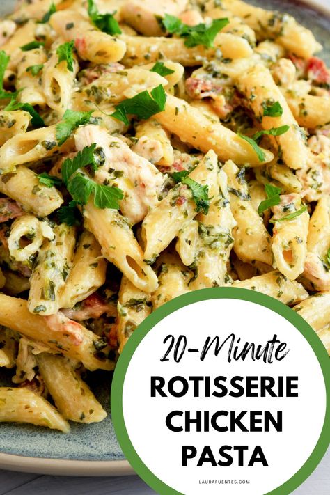 The flavors of garlic, herb, and olive oil make this rotisserie chicken pasta a winning, quick recipe for any night of the week! Rotisserie Chicken Pasta, Pasta Recipe Creamy, Rotisserie Chicken Recipes Healthy, Chicken Leftovers, Rotisserie Chicken Recipes Leftover, Pasta With Garlic, Easy Slider, Recipes Using Rotisserie Chicken, Leftover Rotisserie