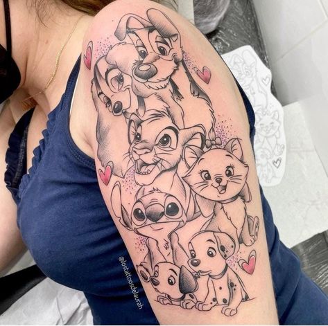 Disney Dog Tattoos, Disney Shoulder Tattoo, Tuck Tattoos, Sis Tattoo, Disney Sleeve Tattoos, Tattoo Thoughts, Disney Sleeve, Pumpkin Tattoo, Wolf Tattoo Sleeve