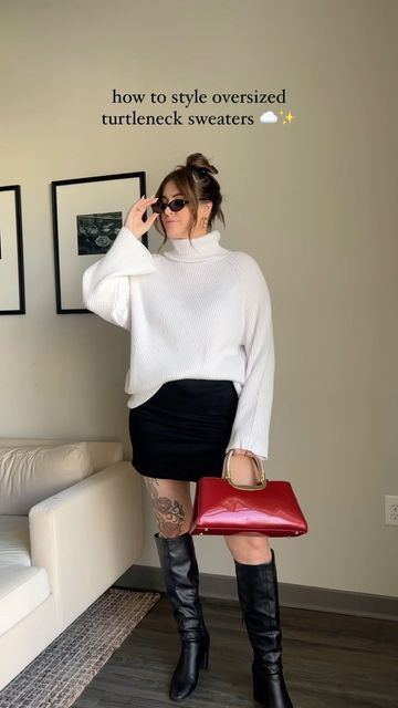 Boots Outfit Midsize, Oversized Turtleneck Sweater Outfits, Outfits Knee High Boots, Oversized Sweater Outfits, Outfit Ideas Oversized, Oversize Sweaters, Turtleneck Sweater Outfit, Outfit Midsize, Knee High Boots Outfit