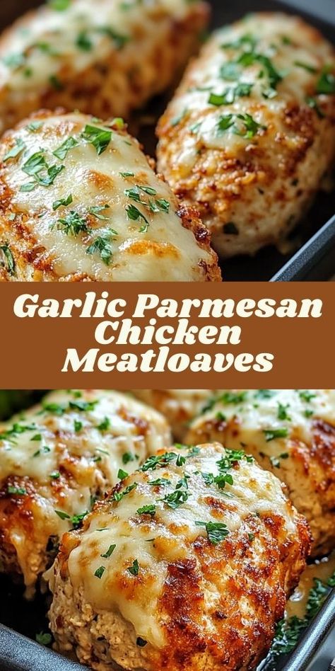 🤤 Craving something hearty and easy for dinner? These Garlic Parmesan Chicken Meatloaves are the perfect solution! Juicy, flavorful, and baked to perfection, they’re a great way to switch up your classic meatloaf recipe. With the bold flavors of garlic and Parmesan, these meatloaves are ideal for a cozy night in or family gathering. Ready in under an hour! #ComfortFood #WeeknightDinner #ChickenRecipes #GarlicLovers #ParmesanPerfection #EasyMeals #BakedGoodness 🍲🥖🧄🍗. Easy Garlic Parmesan Chicken, Ground Chicken Meatloaf, Chicken Parmesan Meatloaf, Chicken Meatloaf Recipe, Chicken Loaf, Parmesan Meatloaf, Mini Meatloaf Recipes, Chicken Parm Recipes, Meatloaf Recipes Healthy