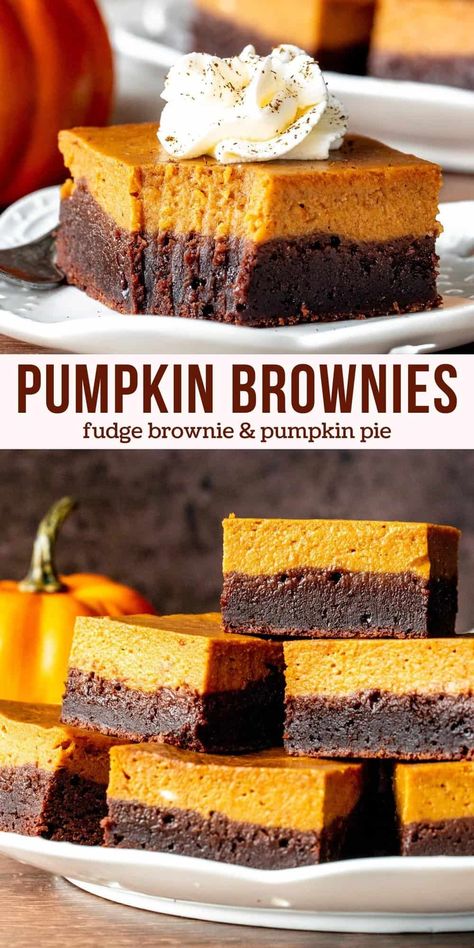 Fudgy brownie and pumpkin pie combine for this delicious fall treat. A layer of rich chocolate brownie on the bottom pairs perfectly with a creamy pumpkin pie layer on top. Decadent and a little different - add  these pumpkin brownies to your fall baking! #pumpkin #Brownies #chocolate #fudge #recipe #layered #pumpkinpie from Just So Tasty Fall Themed Treats, Thanksgiving Baked Goods, Healthy Fall Recipes, Creamy Pumpkin Pie, Baking Pumpkin, Pie Brownies, Pumpkin Brownies, Brownies Chocolate, Fall Baking Recipes