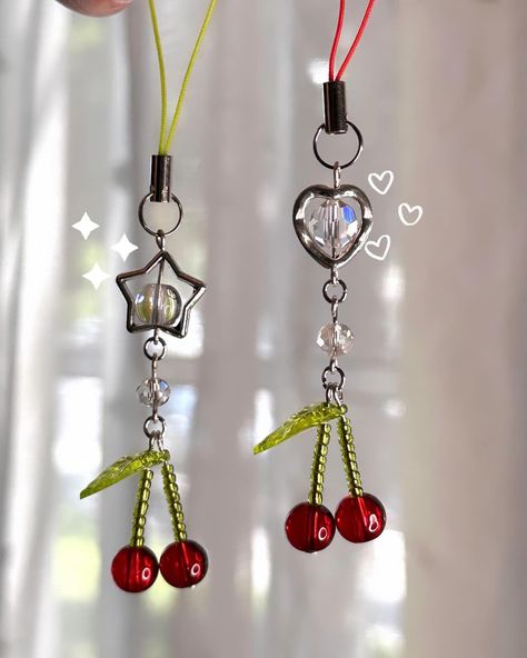 freshly harvested🍒✨ mini cherry phone charms Diy Bead Accessories, Charms For Keychains, Small Phone Charm, Cherry Phone Charm, Diy Charms Keychain, How To Make A Phone Charm, Phone Charms Ideas, Beads Phone Charms, Diy Phone Charms