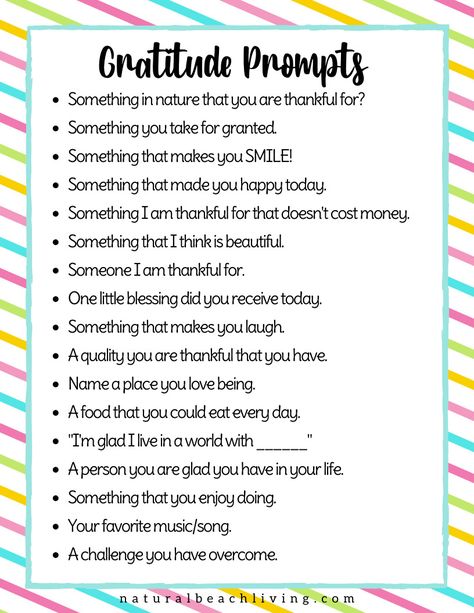 Gratitude List Ideas - Printable Gratitude Prompts and Daily Journal - Natural Beach Living Daily Grateful Journal Ideas, I Am Greatful For List, Examples Of Gratitude, Thankful Journal Prompts, Gratitude Journal Layout Ideas, Daily Gratitude Journal Ideas, Grateful List Ideas, Gratitude Journal Examples, Gratitude Journal Prompts For Kids