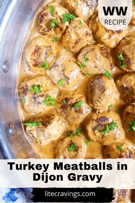 Tangy, creamy, and lightened up just enough--Turkey Meatballs in Dijon gravy is the ultimate comfort food. Serve with egg noodles or mashed potatoes to soak up that heavenly sauce. #turkeymeatballs #groundturkeyrecipes Meatballs In Dijon Gravy, Dijon Gravy, Easy Turkey Meatballs, Turkey Meatballs Healthy, Ground Turkey Meatballs, Meatballs And Gravy, Turkey Meatball Recipe, Meatball Ingredients, Turkey Meatballs