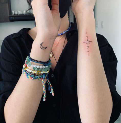 Moon On Wrist Tattoo, Sun Tattoo Small Wrist, Wrist Tattoos Moon, Sun Moon Wrist Tattoo, Celestial Wrist Tattoo, Moon Wrist Tattoos For Women, Sun And Moon Wrist Tattoo, Tiny Moon Tattoo, Moon Wrist Tattoo