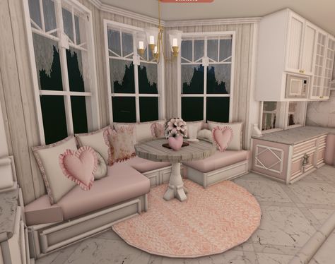 Secret Room Bloxburg Ideas, Coquette Blocksburg Room, Fancy Bedroom Bloxburg, Circular Bed Bloxburg, Bloxburg House Ideas 2 Floors, Croquette Living Room, Pink Coquette Bloxburg House, Bloxburg Bay Window Ideas, Bloxburg Front Desk Ideas