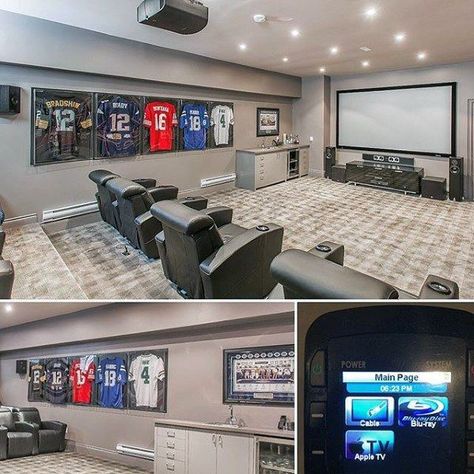 Home Theatre With Sports Theme Basement Man Cave Ideas Sports Theme Basement, Basement Man Cave Ideas, Man Cave Basement Rustic, Man Cave Design Ideas, Man Cave Designs, Basement Man Cave, Rangement Art, Cave Design, Man Cave Ideas