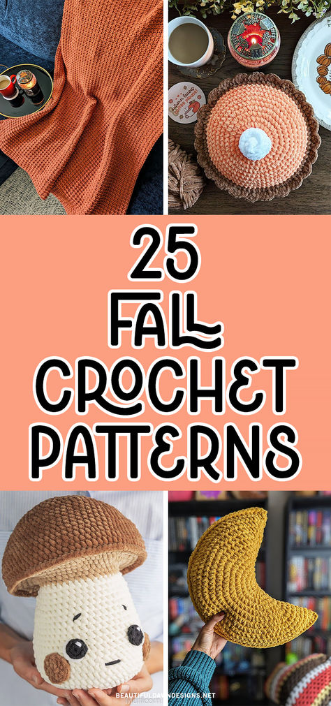 Embrace the changing seasons with these cozy fall-themed crochet patterns. You'll find crochet blanket patterns, crochet pumpkin patterns, crochet mushroom patterns, and crochet moon patterns. Crochet Stacking Pumpkins, Cozy Autumn Things To Do, Fall Crochet Blanket Ideas, Crochet Projects For Halloween, Crochet Mushroom Projects, Crochet For Halloween Ideas, Different Crochet Ideas, Free Crochet Holiday Patterns, Cute Fall Crochet Patterns Free