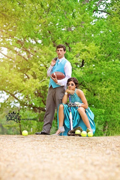 Softball And Football Couple, Softball Formal Pictures, Baseball Prom Pictures, Baseball Hoco Pictures, Softball Princess Pictures Photo Ideas, Prom Pics On Baseball Field, Prom Images, Softball Senior Pictures Outfield, Softball Photography