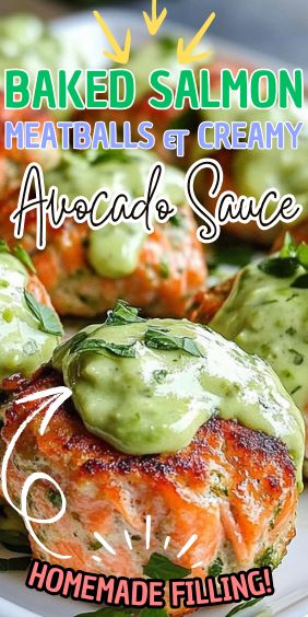 Baked Salmon Meatballs with Creamy Avocado Sauce Baked Salmon Meatballs With Avocado Sauce, Salmon Meatballs With Avocado Crema, Salmon With Avocado Sauce, Baked Salmon Meatballs With Creamy Avocado Sauce, Avocado Sauce For Salmon, Salmon And Avocado Recipes, Salmon Balls Recipes, Salmon Meatballs Recipes, Salmon Burger Sauce