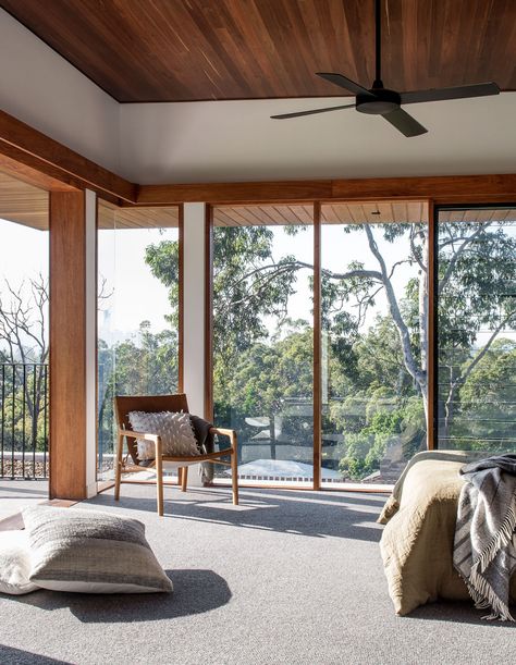 Living Large On This 'Acreage Style' Property In Suburban Brisbane Brisbane Architects, Bedroom Views, Australian Architecture, Modern Masters, Trendy Bedroom, Built In Desk, Floor To Ceiling, Bedroom Vintage, Floor To Ceiling Windows