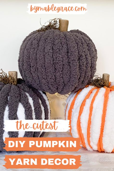 Chunky Pumpkins Diy, Chunky Yarn Pumpkins Diy, Yarn Pumpkins Diy, Chunky Yarn Pumpkins, Chunky Knit Pumpkins, Yarn Pumpkins, Yarn Decor, Fall Crafts Decorations, Knit Pumpkins