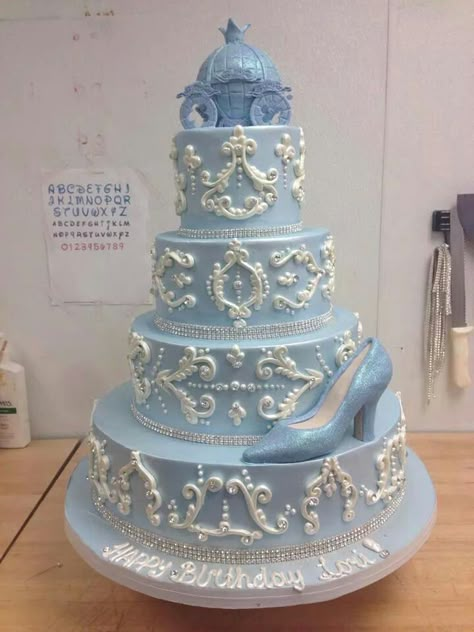 Blue and white Cinderella cake Quinceanera Cakes Blue Cinderella, Cinderella Quinceanera Cake Ideas, Sweet 16 Cinderella Theme Cake, Quince Blue Cake, Light Blue Quince Cake Ideas, Cinderella Themed Quinceanera Cake, Cinderella Themed Wedding Cake, Blue Quince Cake Ideas, Cinderella Sweet 16 Cake