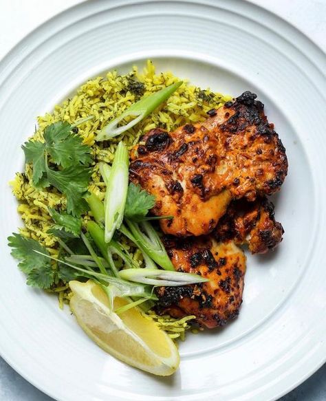 Victoria | Recipes on Instagram: "Harissa & Lemon Roasted Chicken Thighs with Turmeric Lemony Herbed Rice, another delicious recipe from Persiana Everyday by @sabrinaghayour 🌿✨ The chicken thighs are marinated in rose Harissa, Greek yoghurt and lemon and simply baked in the oven until charred and juicy. Served with this lemon turmeric rice and a dollop more of Greek yoghurt, freshly chopped spring onions and coriander, this spread is so easy and ideal for meal prep if that’s what you’re into 🔥 Roast Chicken Thigh Recipes, Herbed Rice, Lemon Roasted Chicken, Rose Harissa, Turmeric Rice, Chicken Thighs Recipe, Vegan Breakfasts, Thighs Recipe, Roasted Chicken Thighs