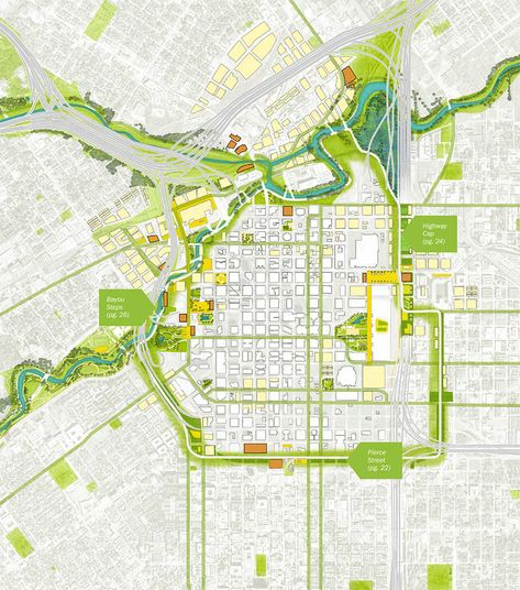 A Roundabout First Look at the Green Loop, the Newest Idea for a Houston Ring Road Around Downtown... Green Network Urban Design, Neighborhood Park Design, Road Network Urban Design, Urban Landscape Design Public Spaces, Planning Landscape, Landscape Architecture Diagram, Green Corridor, Urban Design Diagram, Urban Analysis