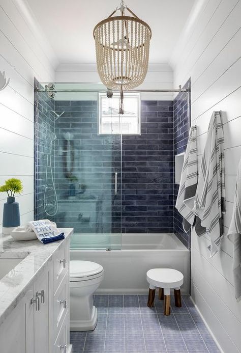 Drop In Bathtub with Dark Blue Staggered Tiles - Transitional - Bathroom Blue And White Bathroom Ideas, Blue Shower Tile, Blue Bathtub, Beach Style Bathroom, Garage Door Styles, Shiplap Bathroom, Drop In Bathtub, Co Living, Bathtub Tile