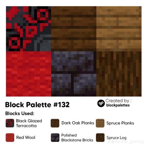 Minecraft Red Block Palette, Red Block Pallet Minecraft, Red Minecraft Palette, Minecraft Red Palette, Red Minecraft Builds, Deepslate Pallete Minecraft, Minecraft Block Combos, Minecraft Block Pallets, Minecraft Colour Palette