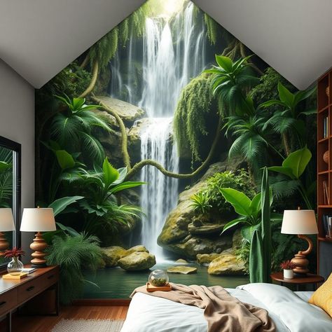 Create a lush bedroom with panoramic views of a cascading tropical waterfall. Let the sound of falling water lull you to sleep. #WaterfallView #RainforestBedroom 💦 Lush Bedroom, Waterfall Bedroom, Tropical Waterfall, Forest Bedroom, Falling Water, Waterfall Art, Cool Beds, The Sound, To Sleep