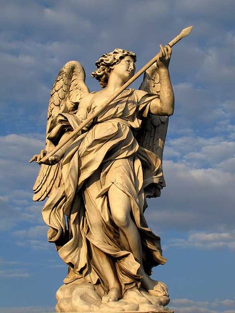 The Angel with the Lance, Gian Lorenzo Bernini, Ponte Sant'Angelo, Rome, Italy // Why we love it: Bernini's dynamic figures capture the intensity of epic narratives in a single moment. Angel Statues Sculpture, Gian Lorenzo Bernini, Lorenzo Bernini, Statue Tattoo, Classic Sculpture, Greek Statues, Angel Statue, Roman Sculpture, Angel Sculpture