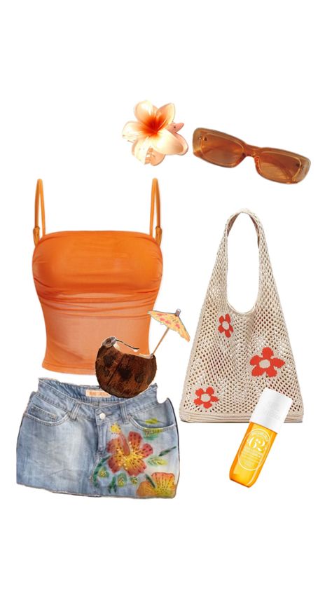 #summer #outfit #orange #fit #beach #coconut Tropical Outfits, Beach Girl Outfits, Beach Coconut, Outfits For Mexico, Y2k Summer Outfits, Beachy Outfits, Island Outfit, Hawaii Outfits, Orange Outfit