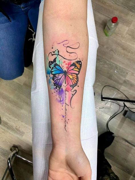 Pin by April Schmidt on Tattoos in 2022 | Forearm cover up tattoos, Tattoos for lovers, Elegant tattoos Watercolor Butterfly Tattoo, Colorful Butterfly Tattoo, Unique Butterfly Tattoos, Rainbow Tattoos, Hand Tattoos For Girls, Butterfly Tattoos For Women, Geniale Tattoos, Tatuaje A Color, Butterfly Tattoo Designs