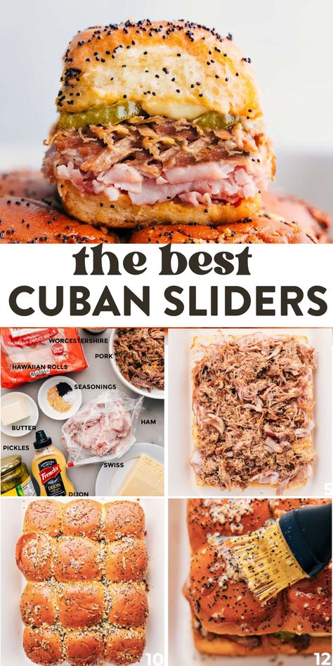 Cuban Sliders with soft Hawaiian rolls, packed with gooey Swiss cheese, delicious shredded pork, savory ham, and crunchy dill pickles. Easy Cuban Sliders Recipes, Hawaiian Roll Sliders Tiktok, Hawaiian Rolls Sandwiches Slider Recipes, Hawian Roll Meals, Hot Sliders Hawaiian Rolls, Hawaiian Roll Veggie Sliders, Easy Ham Sliders On Hawaiian Rolls, Poppyseed Sandwiches Hawaiian Rolls, Hawaiian Roll Dinner Recipes