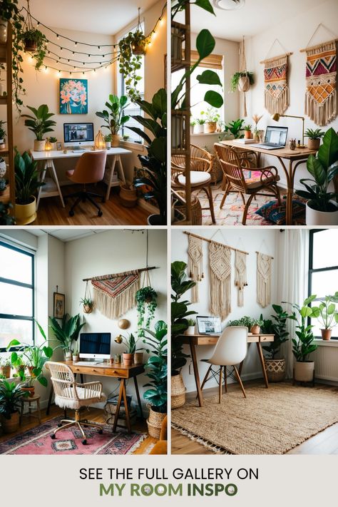 Explore 22 trendy boho office ideas showcasing earthy colors, natural materials, and cozy decor. This Pin features four images that inspire your workspace makeover towards a stylish and comfortable ambiance. Earthy Office Space, Boho Office Ideas, Boho Chic Office, Diy Home Decor Boho, Dye Curtains, Small Flowering Plants, Comfortable Home Office, Office Boho, Boho Office